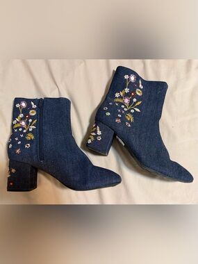 Denim Floral Embroidered Ankle Boots